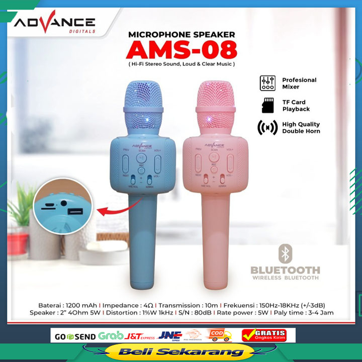 NEW Mic Wireless Bluetooth Karaoke Player Microphone Advance AMS-38 - pink BERGARANSI RESMI