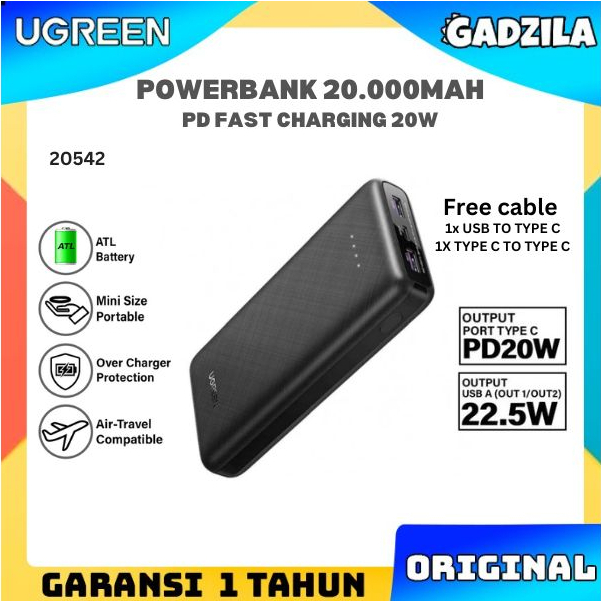 UGREEN Powerbank PD Fast Charging 20W 20000mAh Power Bank QC 3.0 USB Type C iPhone Samsung 20542