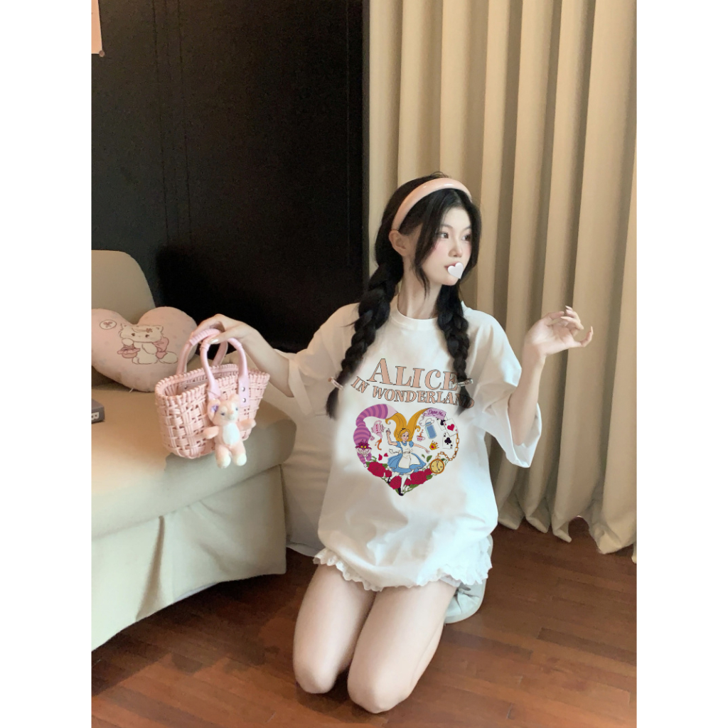 EUNII T-shirt Lengan Pendek Cartoon Pink Alice In Wonderland Printing Korean Style/Kaos Atasan Wanita/Baju Kaus Oversize Wanita/Kaos Wanita