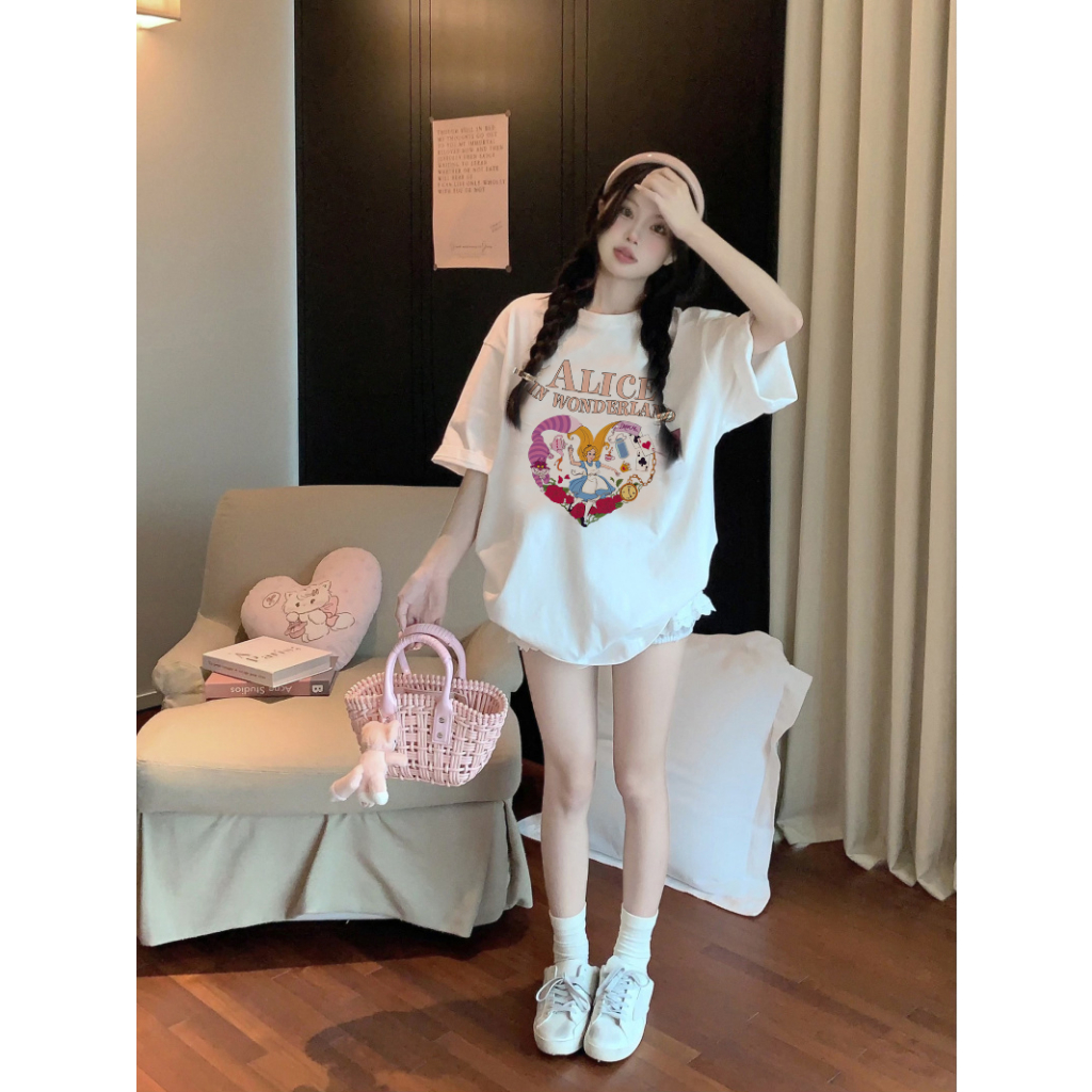 EUNII T-shirt Lengan Pendek Cartoon Pink Alice In Wonderland Printing Korean Style/Kaos Atasan Wanita/Baju Kaus Oversize Wanita/Kaos Wanita