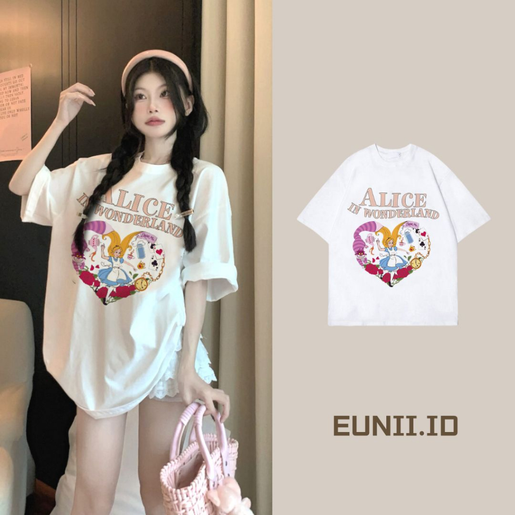 EUNII T-shirt Lengan Pendek Cartoon Pink Alice In Wonderland Printing Korean Style/Kaos Atasan Wanita/Baju Kaus Oversize Wanita/Kaos Wanita