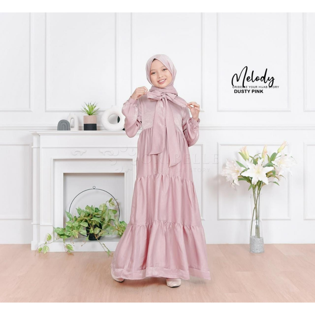 Melody Dress - Dress Korean Style - Santorini Silk Gamis Anak 10-13 Tahun Aksen Rempel Saku Pinggir Pergelangan Karet