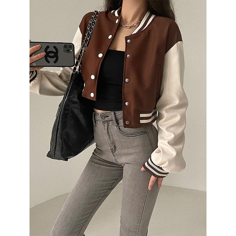 [2 warna] Korean Style Retro Jaket Baseball Wanita Oversize Crop Top Jaket