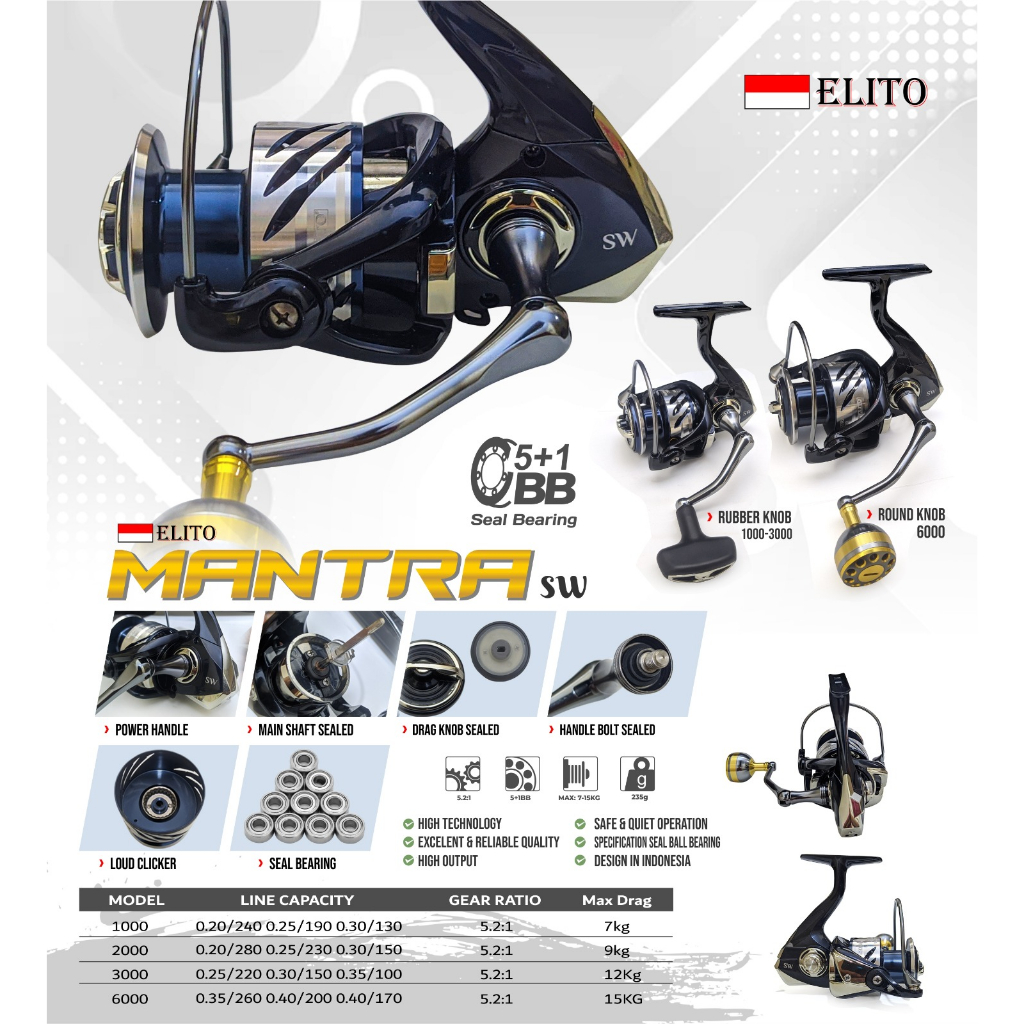 Reel Pancing Elito Mantra SW 1000 - 6000 (5+1 Seal Bearing) Salt Water Power Handle - Engkus Fishing