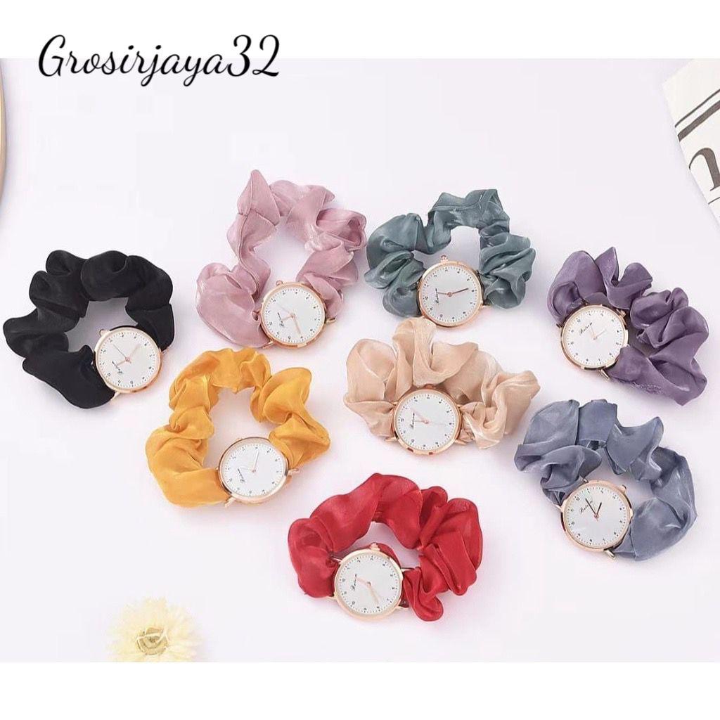 (Grosirjaya32) Jam Tangan Wanita Megumi Korea Analog Model Gelang Terbaru Strap Srunchie Import