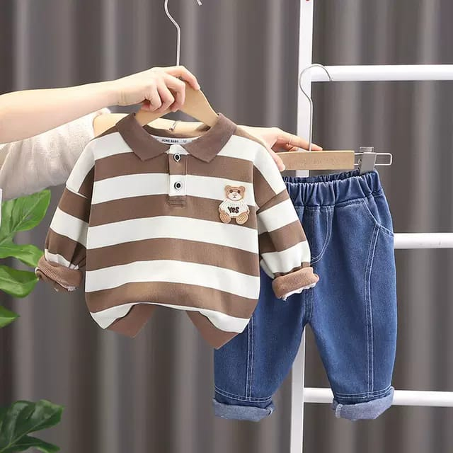 Baju anak anak Motif bear salur brown &amp; navy lengan panjang untuk usia 6 bulan - 5 tahun baby boy keren