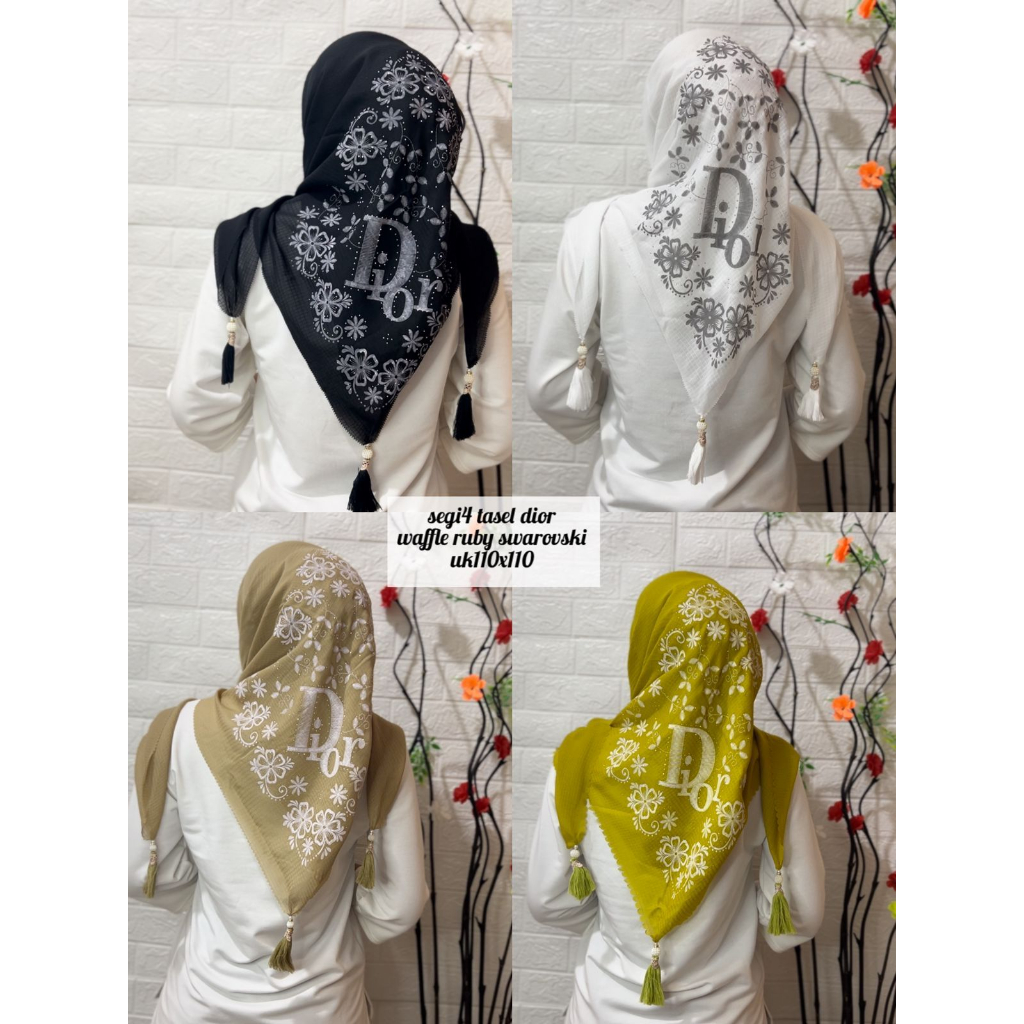 hijab segiempat wafle motif terbaru kerudung payet mewah tassel mutiara