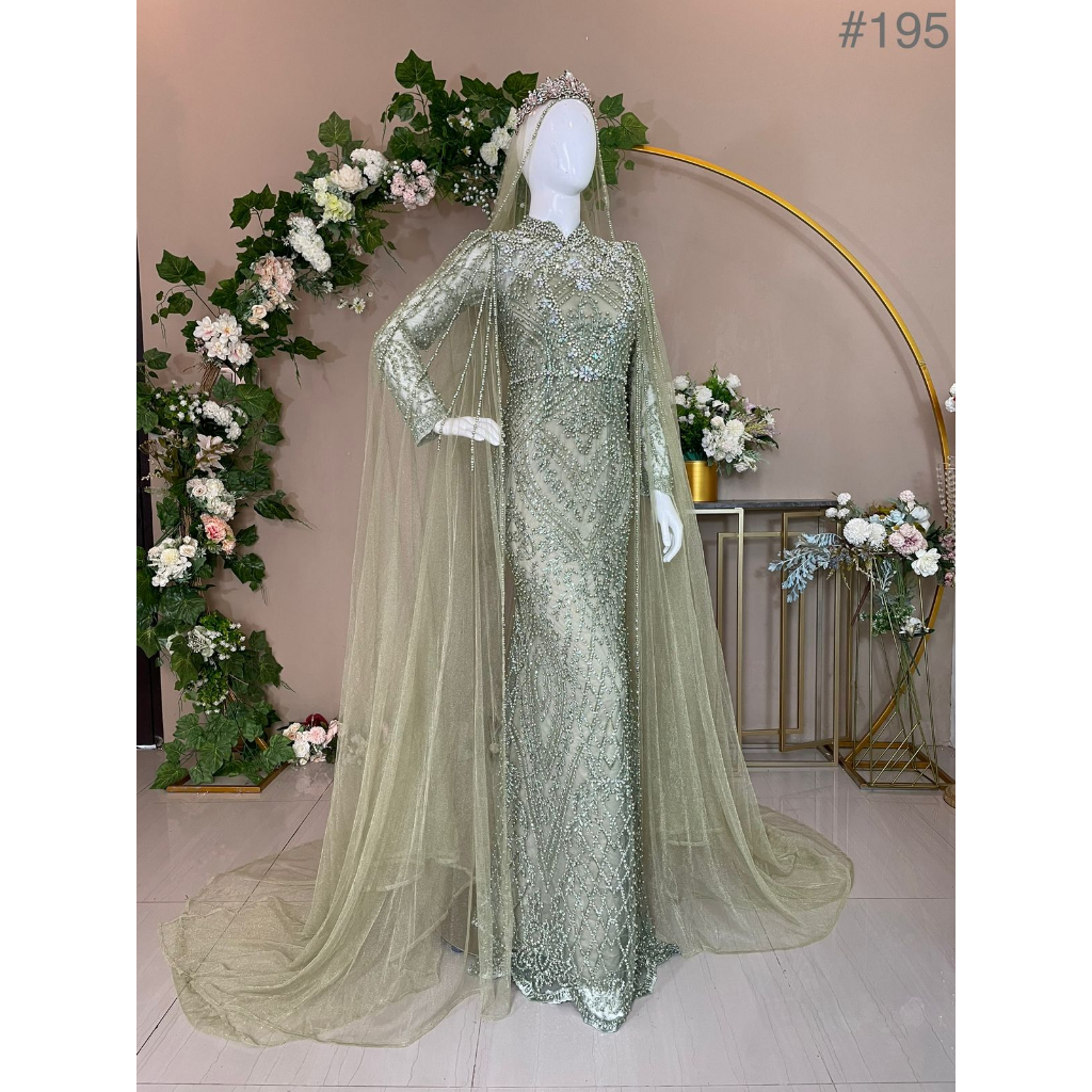 Kebaya pengantin wanita modern slim bustier mutiara hijau Sage slayer veil