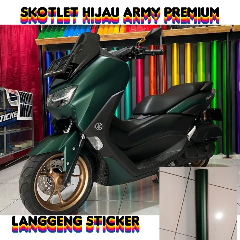 Sticker scotlite hijau army skotlet hijau tua mettalik krom doff skotlet motor green army bahan prem