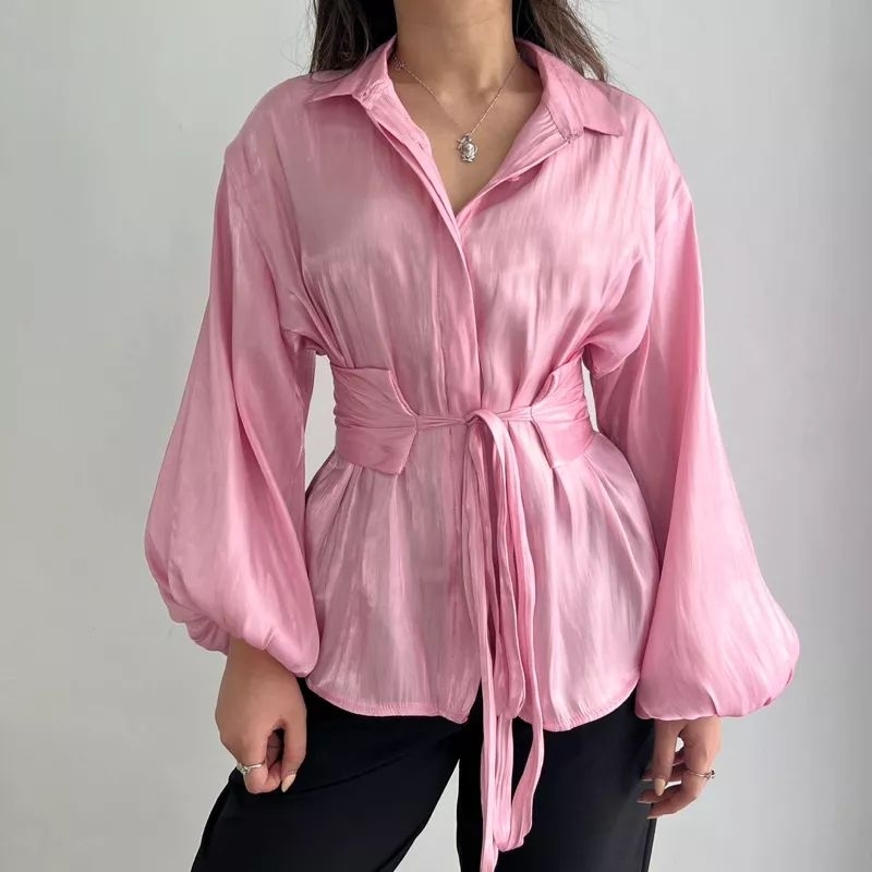 Tamstore Blouse Kemeja Wanita Shimmer Lengan Balon Variasi Belt Rebeca