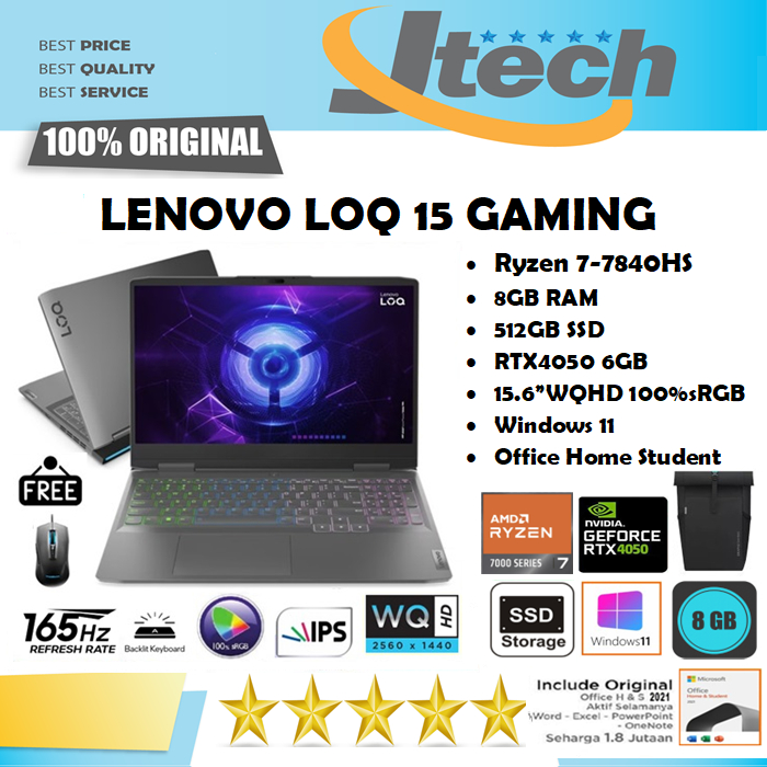 Lenovo LOQ 15 Gaming - Ryzen 7-7840HS - 8GB - 512GB - RTX4050 6GB - 15.6&quot;WQHD 165Hz 100%sRGB - W11 - OHS
