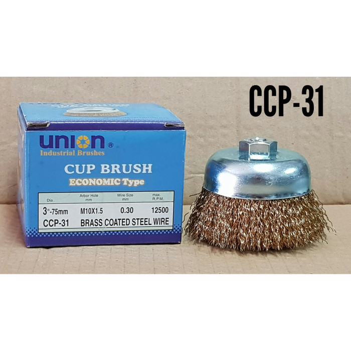 UNION CCP-31 BRASS COATED STEEL WIRE CUP BRUSHES - SIKAT MANGKOK KAWAT BERLAPIS KUNINGAN 3&quot; 75 MM M10X1.5 ECONOMIC TYPE