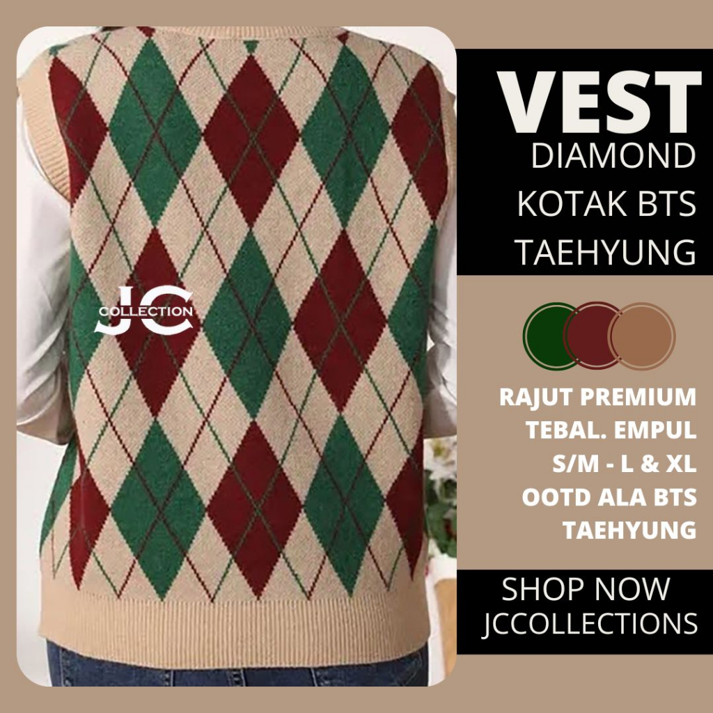 Vest Rajut Premium Sido Import / Knit Vest Vneck Rompi Rajut Diamond Taehyung Mocca / Rompi Kotak Rajut JCCollections