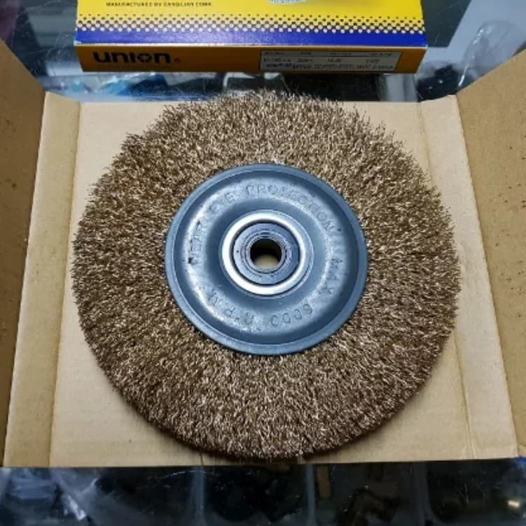 UNION WWP-60 BRASS COATED STEEL WIRE WHEEL BRUSHES 6&quot; - SIKAT KAWAT PIRING BERLAPIS KUNINGAN  150 MM