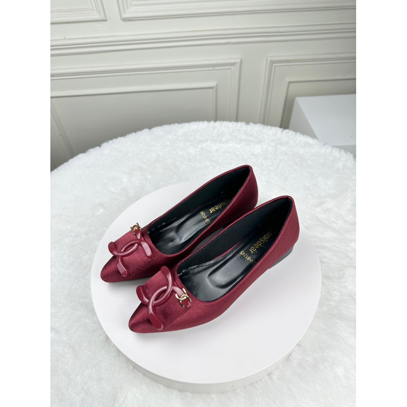 sepatu flat shoes wanita import terbaru Louisdear B108 Ch bahan satin heel 2 cm