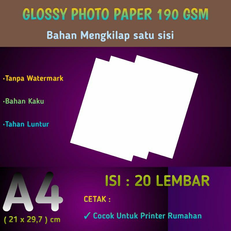 

Kertas Foto Mengkilap 190 gsm A4 isi 20 Lembar / Photo Paper Glossy 190 gram SINGLE SIDE