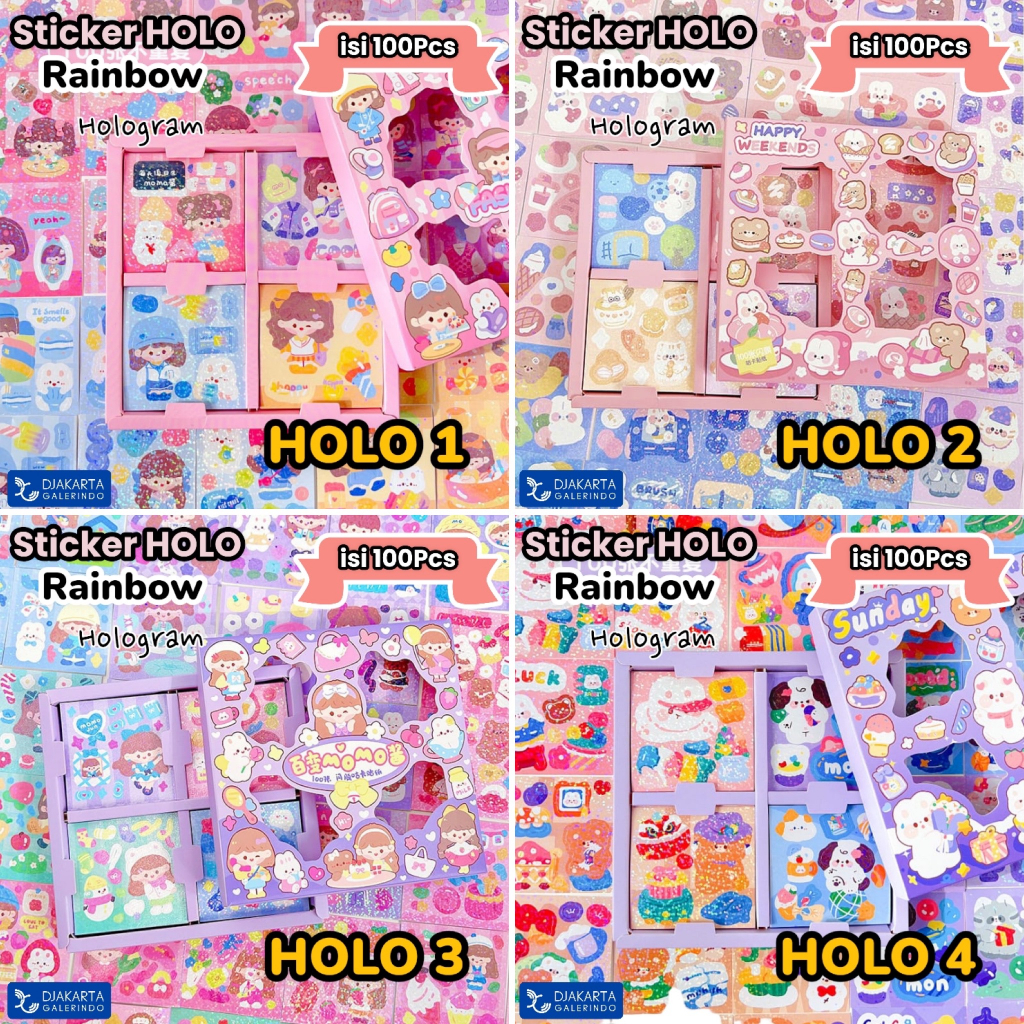 Sticker MOMO Hologram Glitter Rainbow Mix Warna Original waterproof Stiker Kartun Korea Anti Air Original isi 100pcs