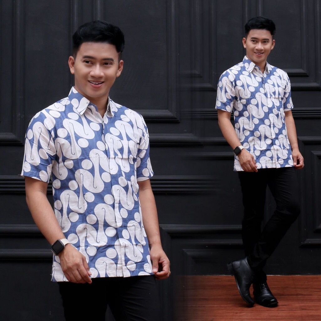 Kemeja Batik Pria Baju Batik Bahan Katun Prima HQ Biru Merah Putih Indigo Batik Rhizqy Pekalongan