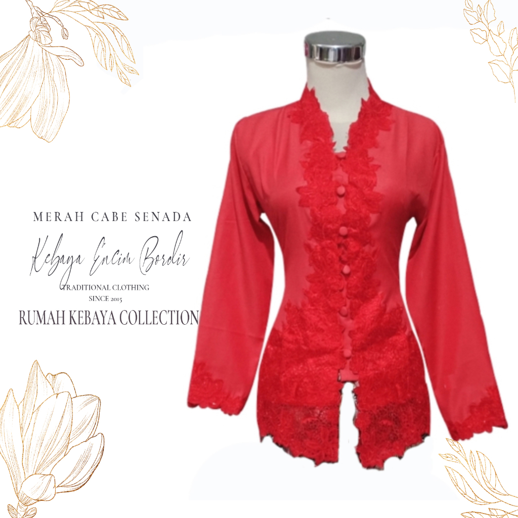 Kebaya Encim Kartini Katun Bordir Modern Merah Cabe Senada Lengan Panjang Bigsize Jumbo
