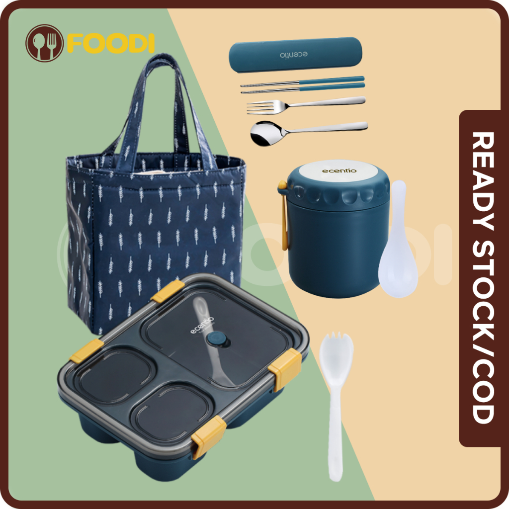 FOODI tempat makan anak sendok stainless dan tas lunch bag Termos sup 4 pcs/lunch box 3 Sekat 850ml/Termos makanan cangkir sup mini 400ml/Sendok set 3 pcs 410 stainless/Tas Bekal/Alumunium Foil Lunch bag