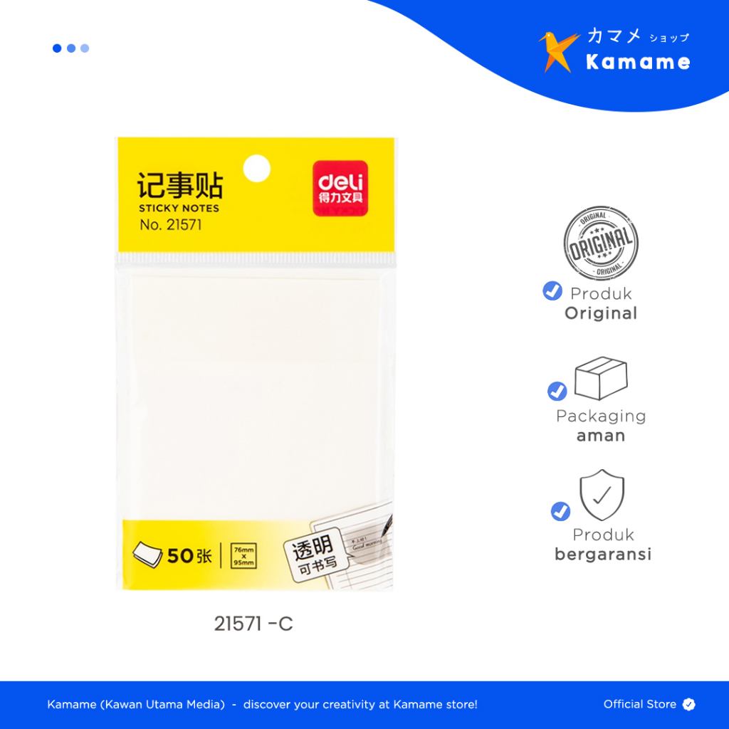 

Deli Sticky Notes - Memo Tempel Semi Transparan 76x95mm 50 Lembar/Pad Lem Kuat 21571 - Kamame