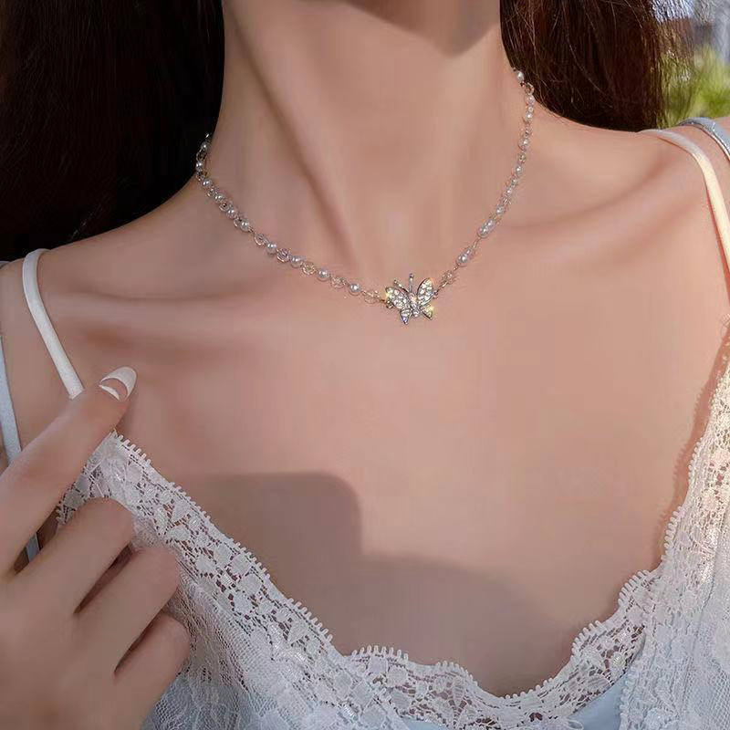 Kalung Liontin Klavikula Mutiara Hati Butterfly Choker Rantai Multilayer Untuk Aksesoris Perhiasan Wanita-Won