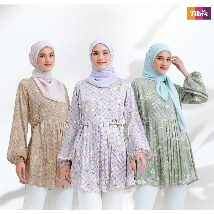 Nibras Tunik Wanita Korean Style Atasan Wanita Lengan Panjang Motif Bunga NA 051 Bahan Coupe Busui F