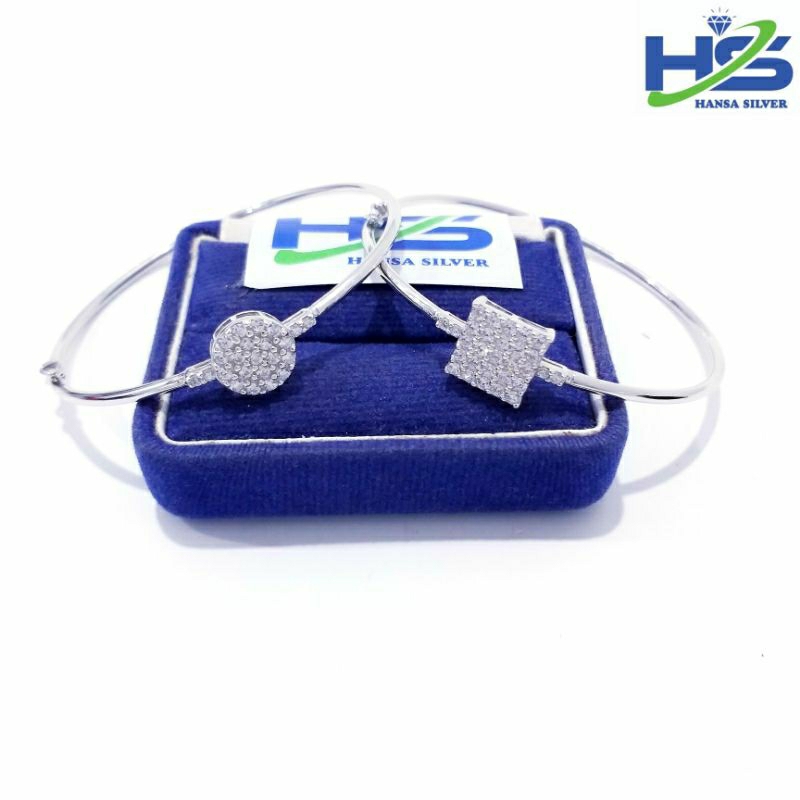 Gelang Perak Asli Silver 925 Lapis Emas Putih Model Bangle Permata Bulat Dan Kotak - Gelang Perak Wanita Anti Karat