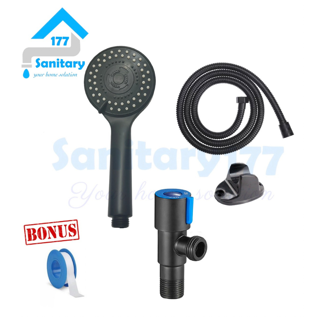 Paket Hand shower 3in1 HITAM 3088 dan kran cabang black - Handshower mandi complete set semprotan keran stainles