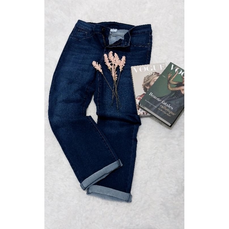 Celana jeans denim branded big size biru gelap straight melar
