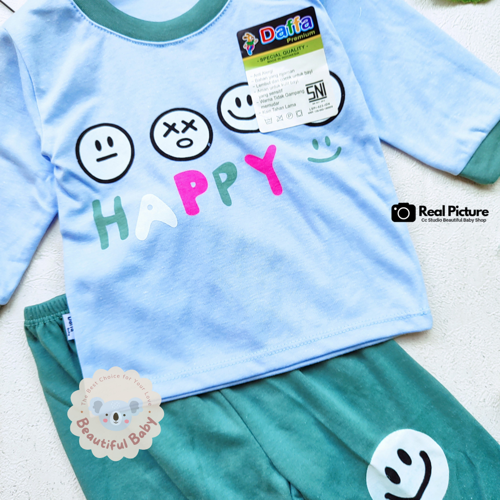 PREMIUM Setelan Piyama Baju Bayi Panjang Usia 3-18 Bln Motif Happy Smile / Baju Tidur Bayi Panjang Merk Daffa Baby / Baby.ou_