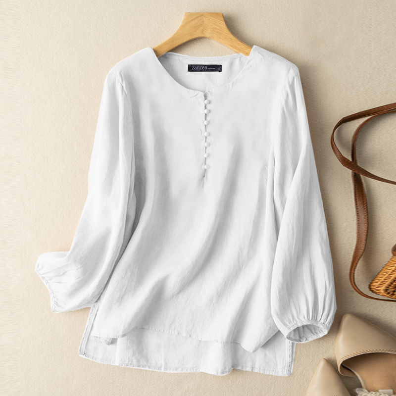 ZANZEA Women Casual Solid Round Neck Long Sleeve Side Slit Loose Half Buttons Shirt