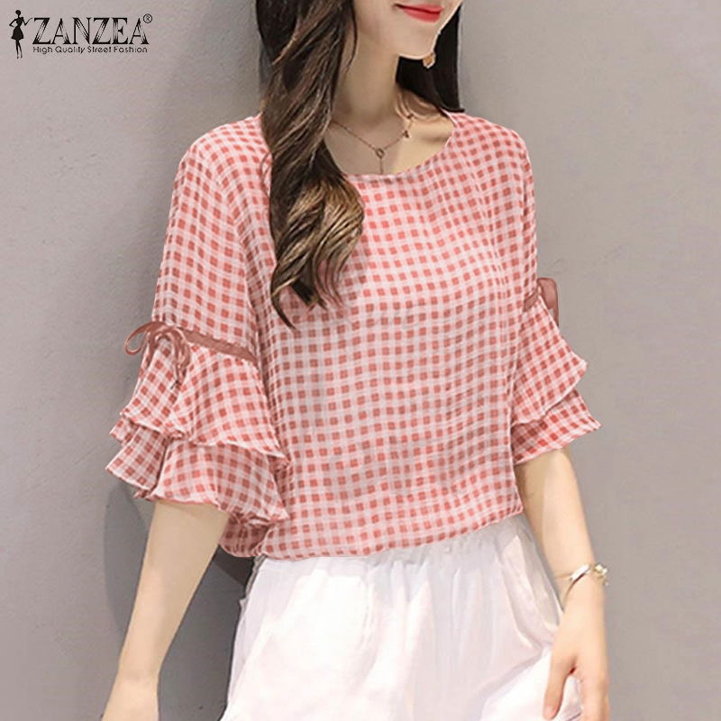 ZANZEA Women Korean Ruffled Hem Sleeved Casual Loose Grid Printed Blouse