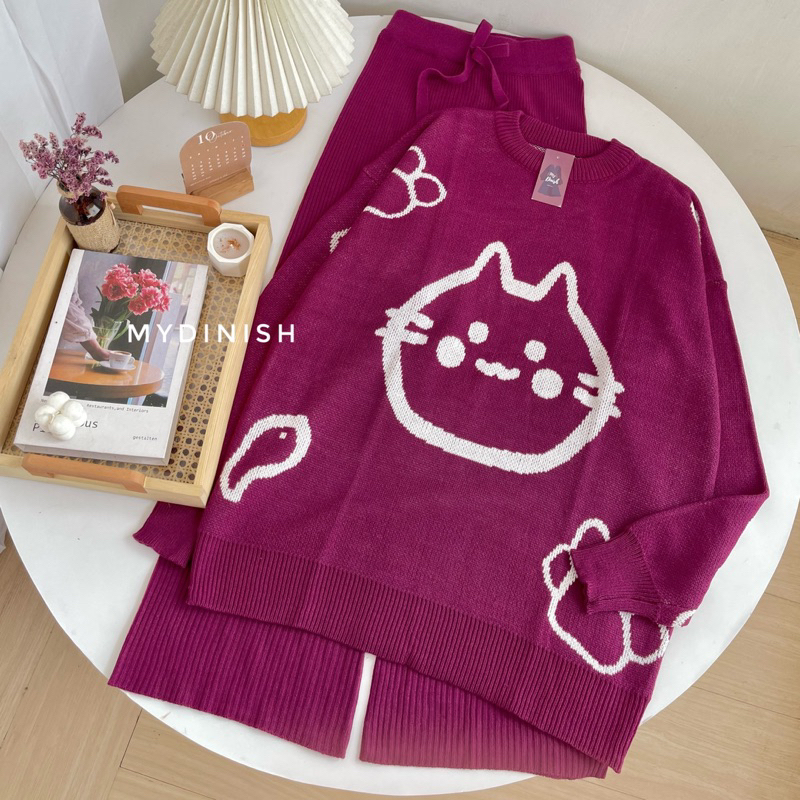 One set Pusry -Stelan Rajut Wanita Oversize Motif Kucing