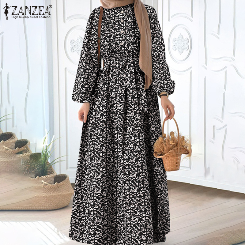 ZANZEA Women Long Puff  Sleeves Floral Printed Vintage O-Neck Mulsim Long Dress