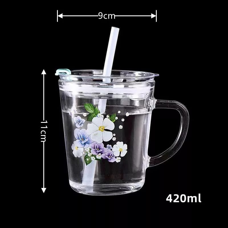 GELAS SUSU KACA MOTIF GAMBAR LUCU SEDOTAN PLASTIK CUP BOTTLE GLASS MUG GELAS MINUM KACA BELING 400 ML