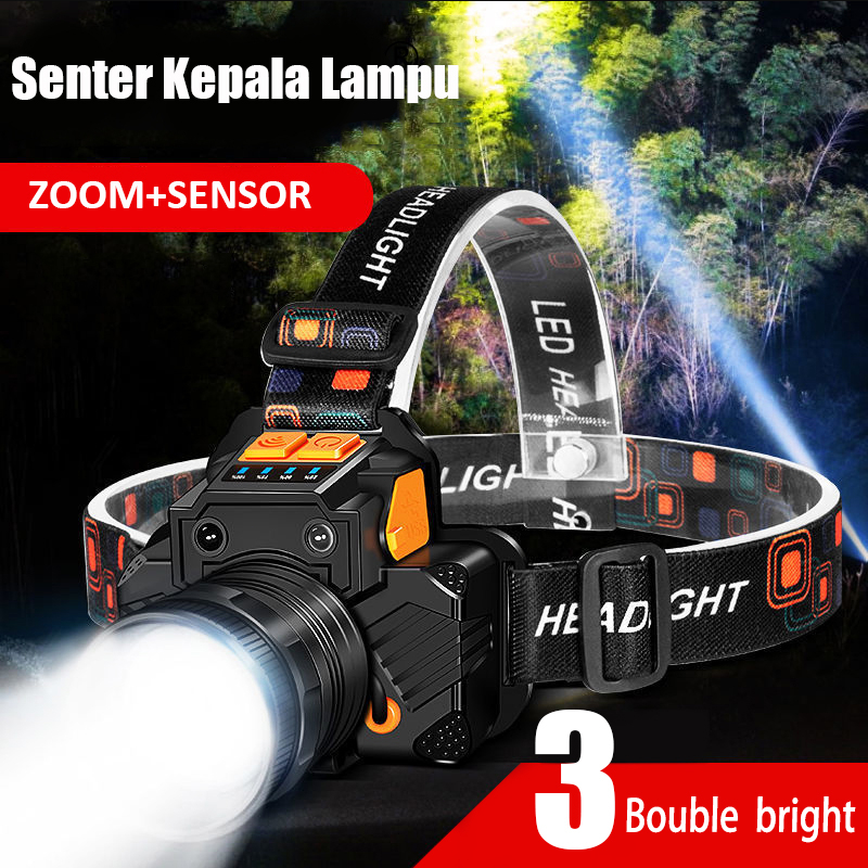 Senter Kepala Led T9 Zoom Super/lampu Depan Tahan Air Sensor Gerak/LED Senter Super Terang/Terang An