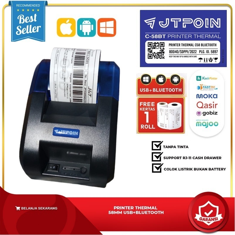 PRINTER BLUETOOTH THERMAL 58MM JTPOIN untuk Kasir, Token PLN, Pulsa, PPOB