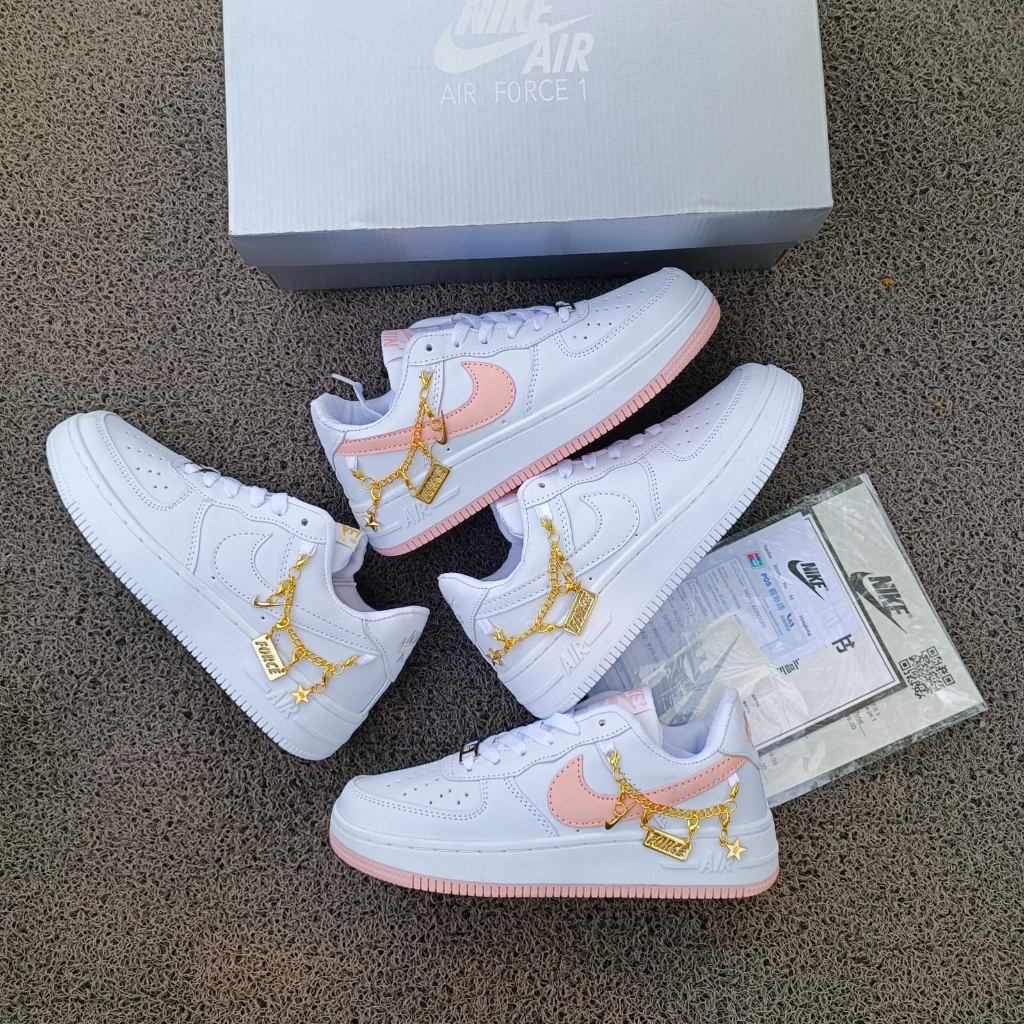 Sepatu Wanita Premium Import Nike Air Force 1 Lucky Charm Triple White &amp; White Pink Low