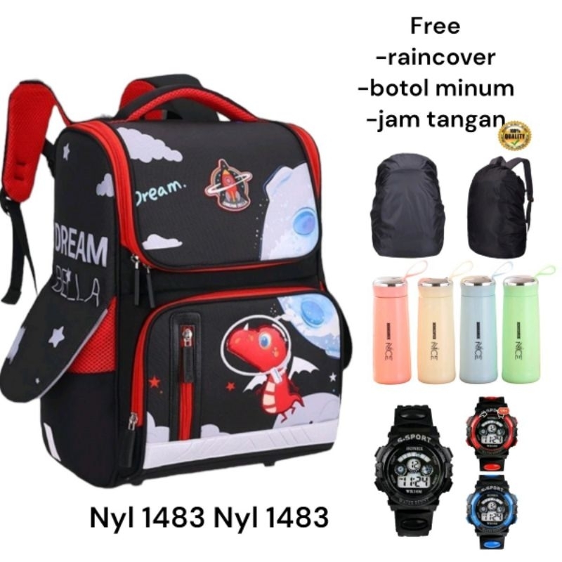 Tas Ransel Anak Astronot Tas Sekolah Anak TK SD SMP Terbaru Paket Botol + Jam + Coverbag