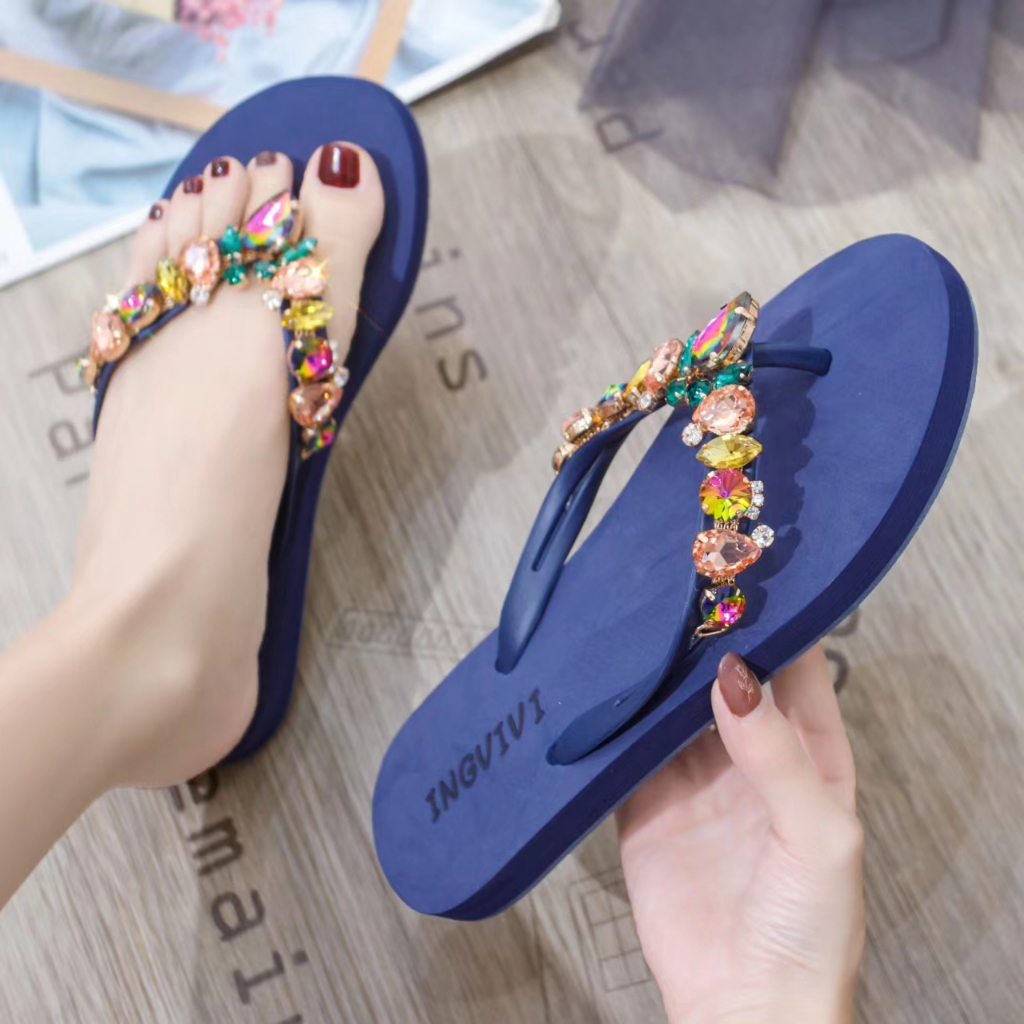 Sandal Jepit INGVIVI Wedges 158-5 / Sandal Ingvv Swarovsky Wedge Permata / Spons / Spon Flip