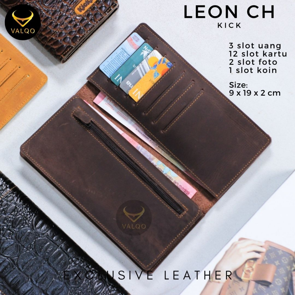 [VALQO] LEON CH Dompet Kulit Sapi Crazy Horse Pria Wanita 12 Kartu 2 Foto