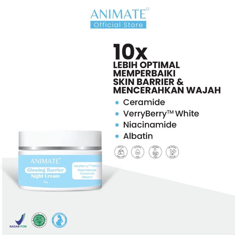 【Official Outlet】Animate Night Cream Whitening Glowing Barrier Night Sunscreen Instaglow Spf50+ Cream Pemutih Wajah Skincare Malam Krim Malam Pencerah Wajah Tabir Surya anti whitecast glowing sunscreen viral BPOM