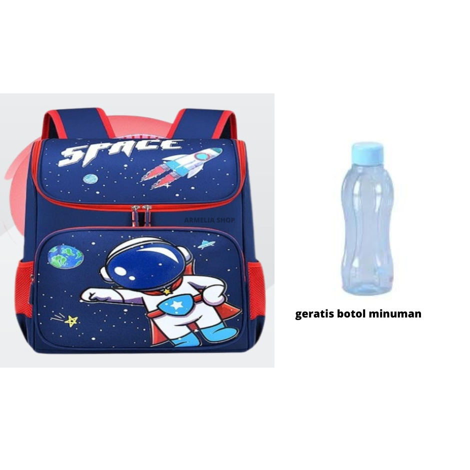 ARMELIA SHOP Tas sekolah anak laki laki astronot tas ransel untuk anak SD SMP FREE botol minuman untuk tas