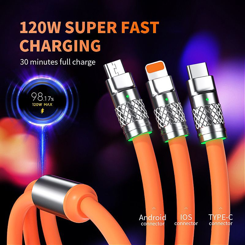 ORIGINAL Kabel Data 3 in 1 Super Fast Charging 120W 6A Micro USB / Type C / Lightning ios Kabel Charger Silicon Pengisian Super cepat