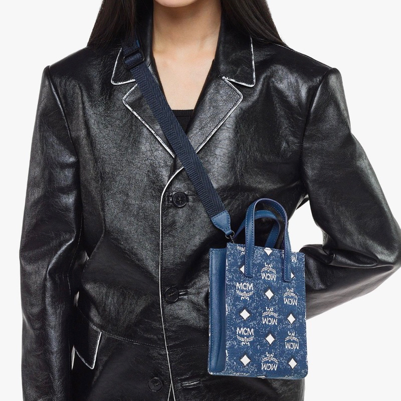 Original MCM X-Mini Aren Tote Bag in Vintage Denim Jacquard
