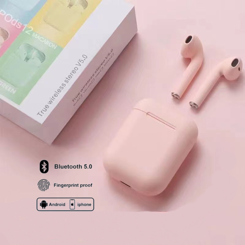 HEADSET BLUETOOTH INPODS WIRELESS i12 MACARON EARPHONE TWS BLUETOOTH 5.0 WARNA MACARON-Pink