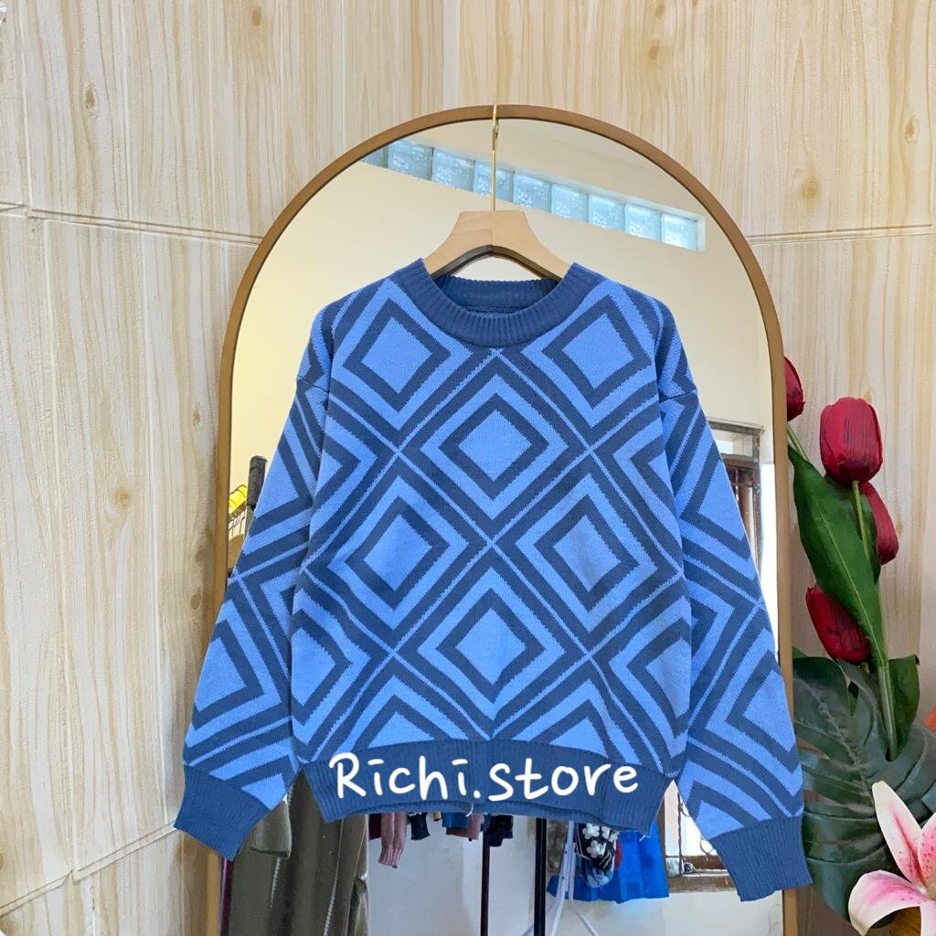 Shana Blouse Rajut Wanita Crew Neck Motif Kotak