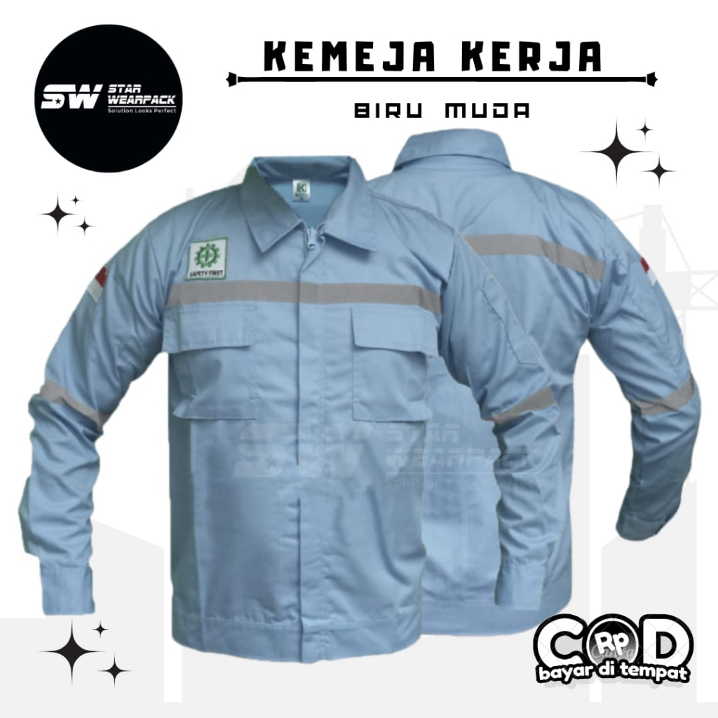 Star Wearpack - Seragam  Atasan Model Resleting Warna Biru Muda Telor Asin Lengan Panjang