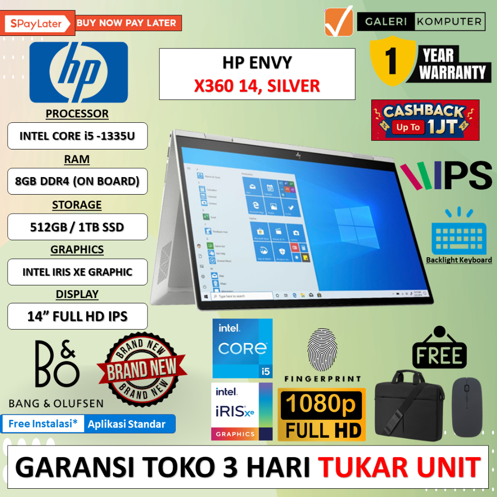 LAPTOP BARU HP ENVY X360 14 INTEL I5 1335U 8GB 1TB IRIS XE 14.0 FHD IPS TOUCH WINDOWS 11 HOME ORIGINAL